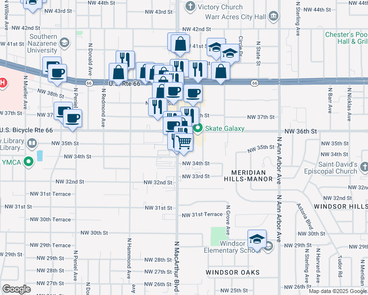 map of restaurants, bars, coffee shops, grocery stores, and more near 3528 North Macarthur Boulevard in Oklahoma City