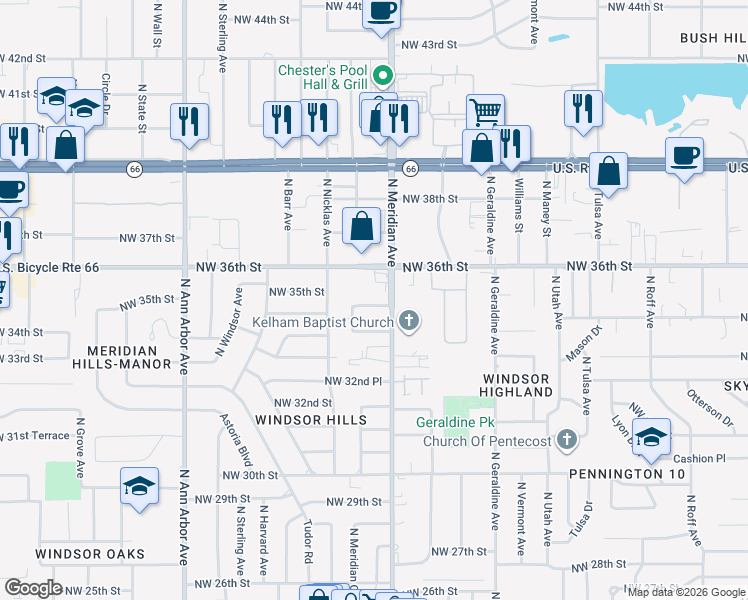 map of restaurants, bars, coffee shops, grocery stores, and more near 4513 Northwest 34th Street in Oklahoma City