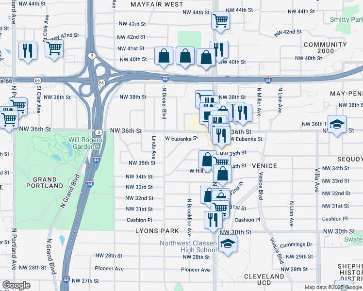 map of restaurants, bars, coffee shops, grocery stores, and more near 3542 Garden Place in Oklahoma City