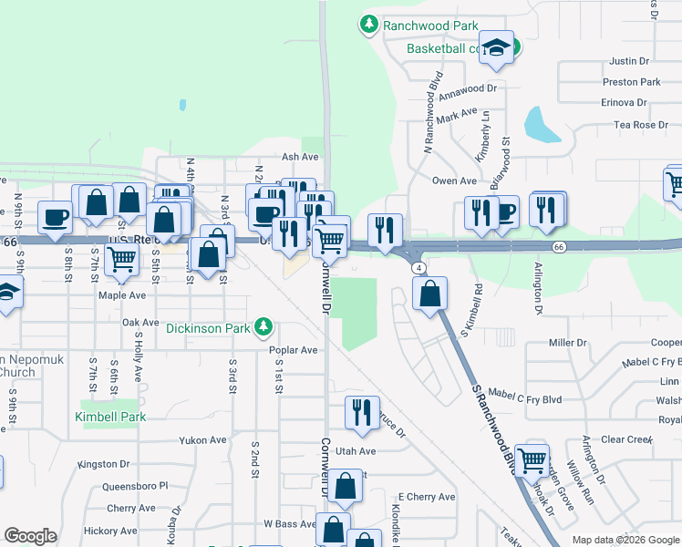 map of restaurants, bars, coffee shops, grocery stores, and more near 450 South Ranchwood Boulevard in Yukon