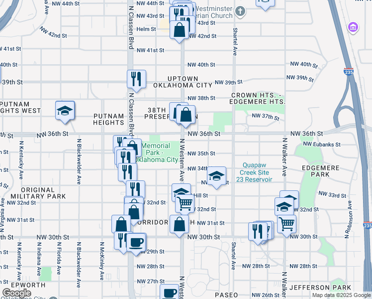 map of restaurants, bars, coffee shops, grocery stores, and more near 1035 Northwest 35th Street in Oklahoma City