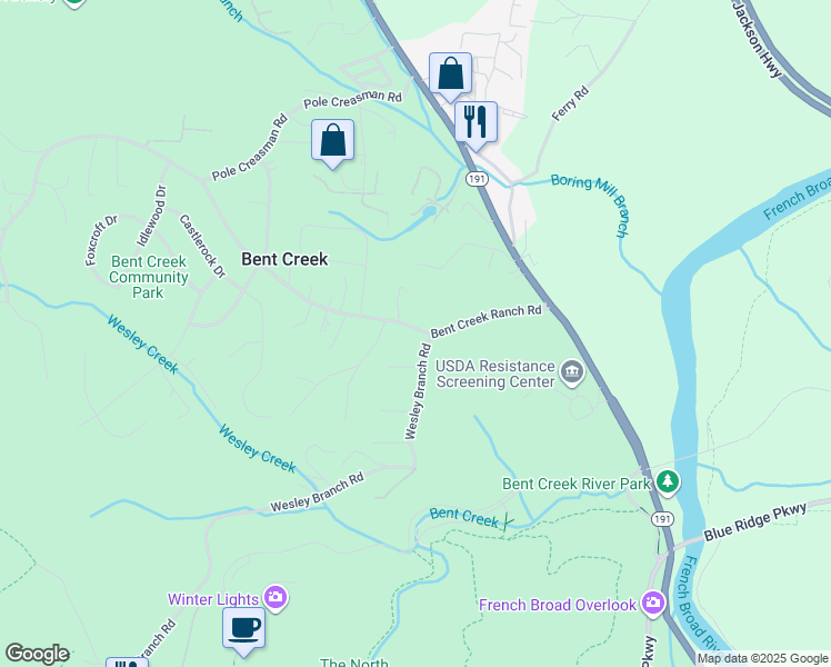 map of restaurants, bars, coffee shops, grocery stores, and more near 238 Bent Creek Ranch Road in Asheville
