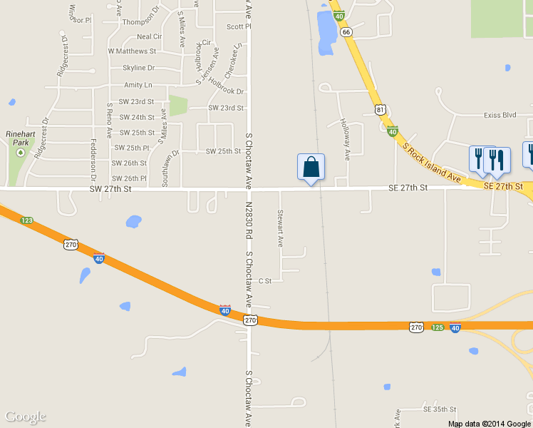 map of restaurants, bars, coffee shops, grocery stores, and more near 2801 South Choctaw Avenue in El Reno
