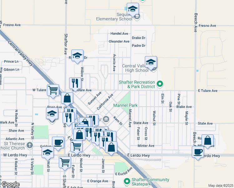 map of restaurants, bars, coffee shops, grocery stores, and more near 731 Central Avenue in Shafter
