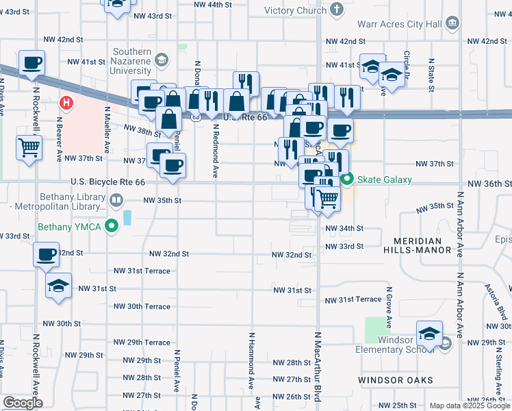 map of restaurants, bars, coffee shops, grocery stores, and more near 5986 Northwest 35th Street in Warr Acres