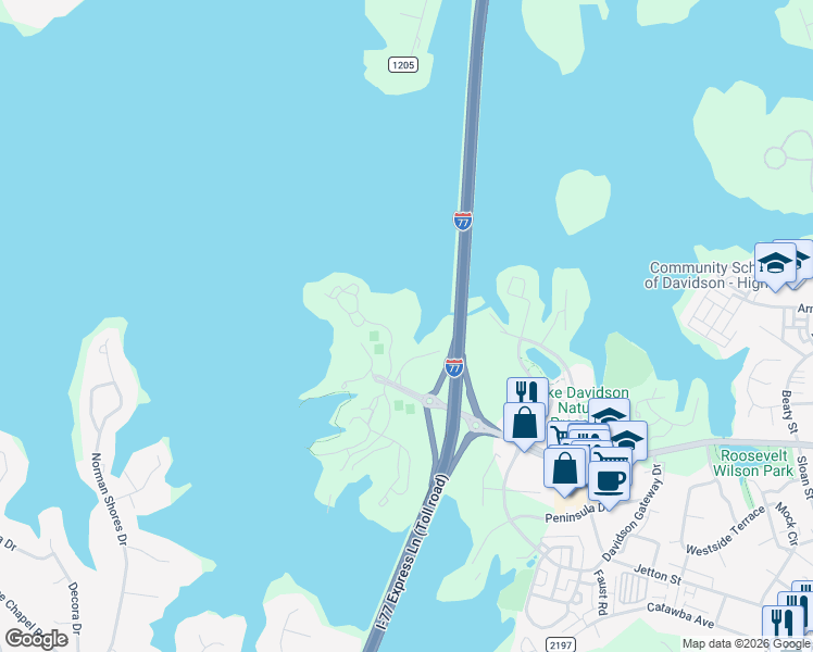 map of restaurants, bars, coffee shops, grocery stores, and more near 205 Northwest Drive in Davidson