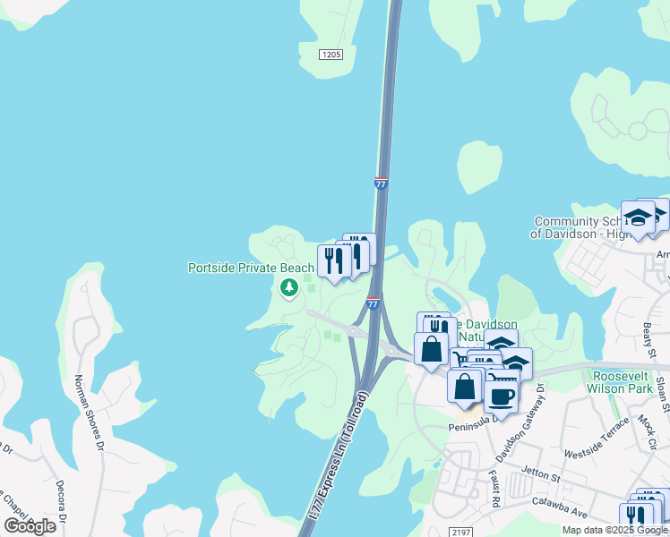 map of restaurants, bars, coffee shops, grocery stores, and more near 205 Northwest Drive in Davidson