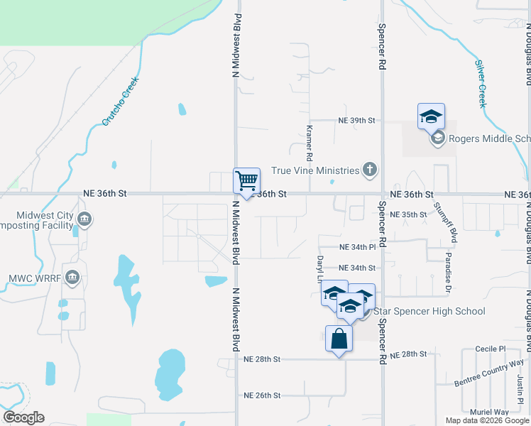 map of restaurants, bars, coffee shops, grocery stores, and more near 8002 Northeast 36th Street in Spencer