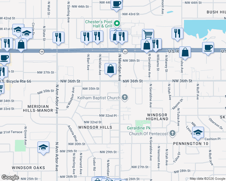 map of restaurants, bars, coffee shops, grocery stores, and more near 4513 Northwest 34th Street in Oklahoma City
