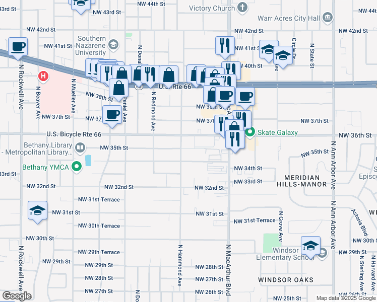 map of restaurants, bars, coffee shops, grocery stores, and more near 5986 Northwest 35th Street in Warr Acres