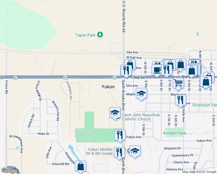 map of restaurants, bars, coffee shops, grocery stores, and more near in Yukon