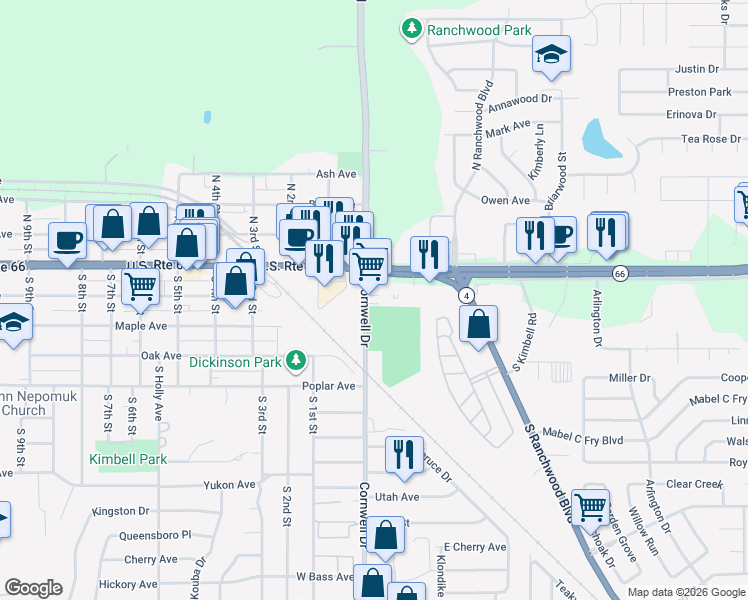 map of restaurants, bars, coffee shops, grocery stores, and more near 450 South Ranchwood Boulevard in Yukon