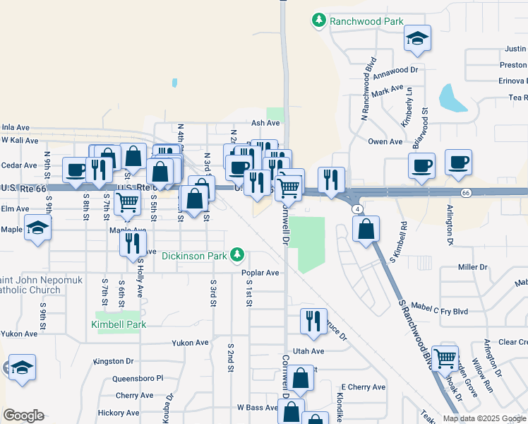 map of restaurants, bars, coffee shops, grocery stores, and more near 10 North 1st Street in Yukon
