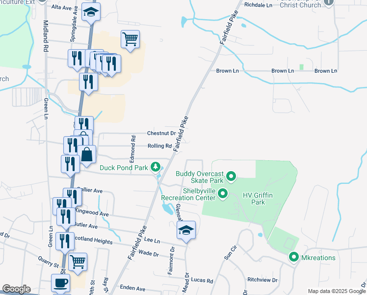 map of restaurants, bars, coffee shops, grocery stores, and more near 1403 Fairfield Pike in Shelbyville