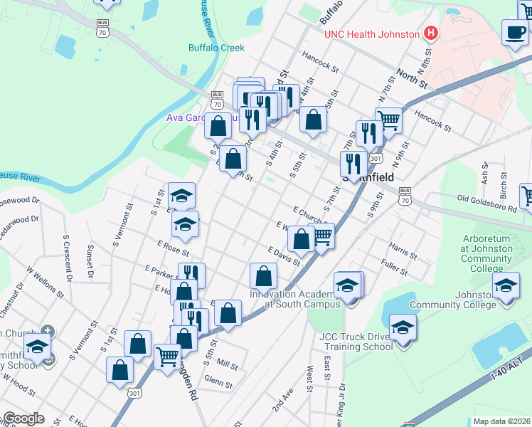 map of restaurants, bars, coffee shops, grocery stores, and more near 413 East Woodall Street in Smithfield
