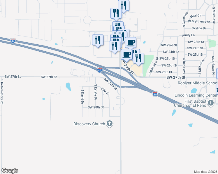 map of restaurants, bars, coffee shops, grocery stores, and more near 1707 Southwest 27th Street in El Reno