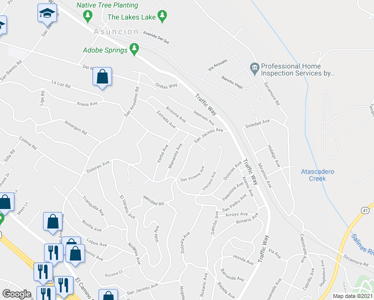 map of restaurants, bars, coffee shops, grocery stores, and more near 4528 San Jacinto Avenue in Atascadero