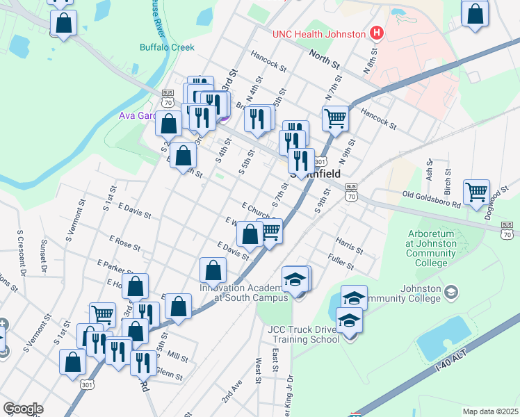 map of restaurants, bars, coffee shops, grocery stores, and more near 607 East Church Street in Smithfield