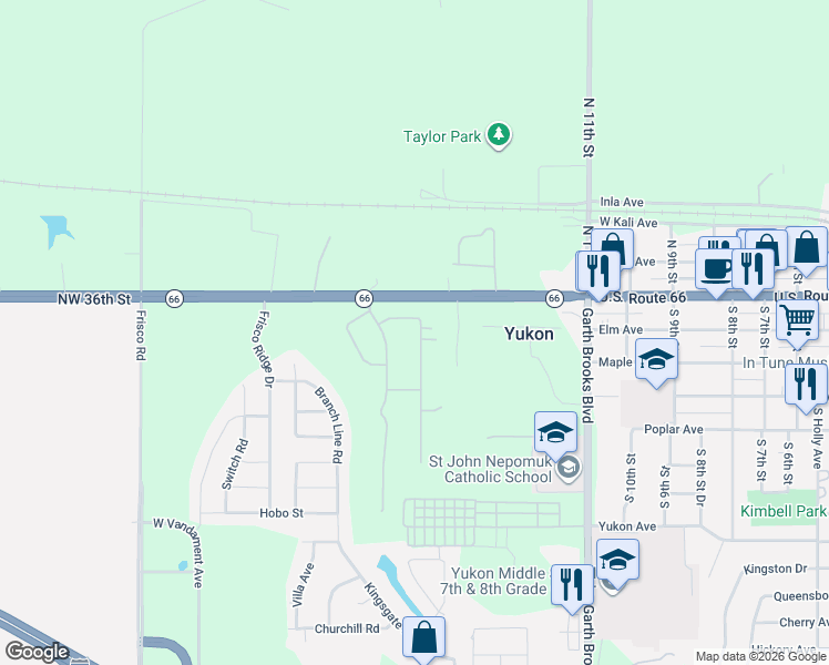 map of restaurants, bars, coffee shops, grocery stores, and more near 208 Castle Rock Road in Yukon