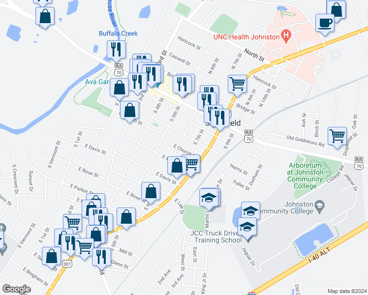 map of restaurants, bars, coffee shops, grocery stores, and more near 607 East Church Street in Smithfield