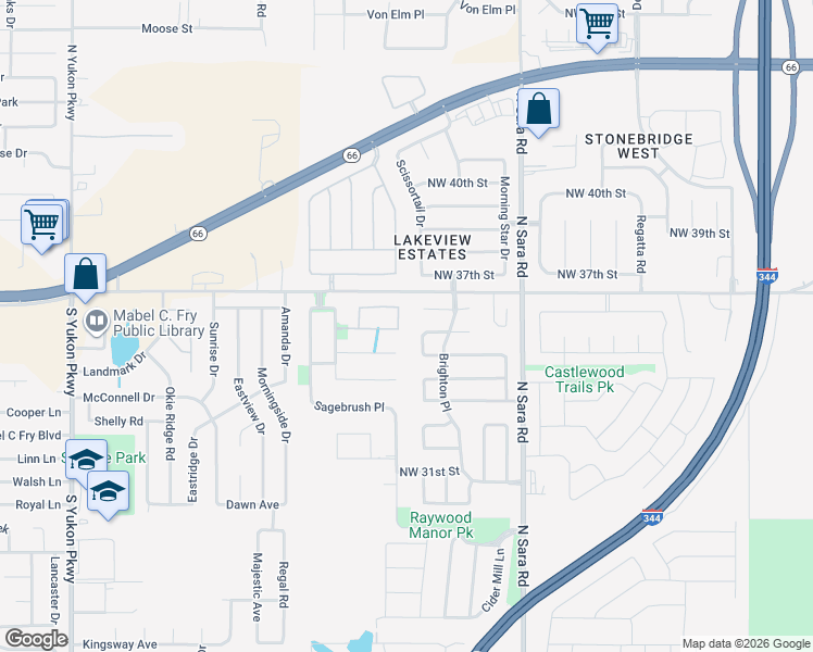 map of restaurants, bars, coffee shops, grocery stores, and more near 3600 Pistache Lane in Yukon