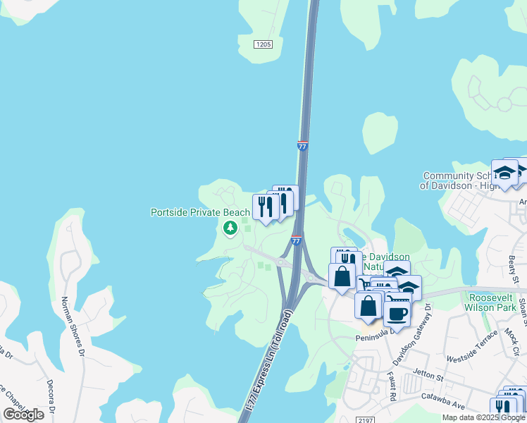 map of restaurants, bars, coffee shops, grocery stores, and more near 220 Northwest Drive in Davidson