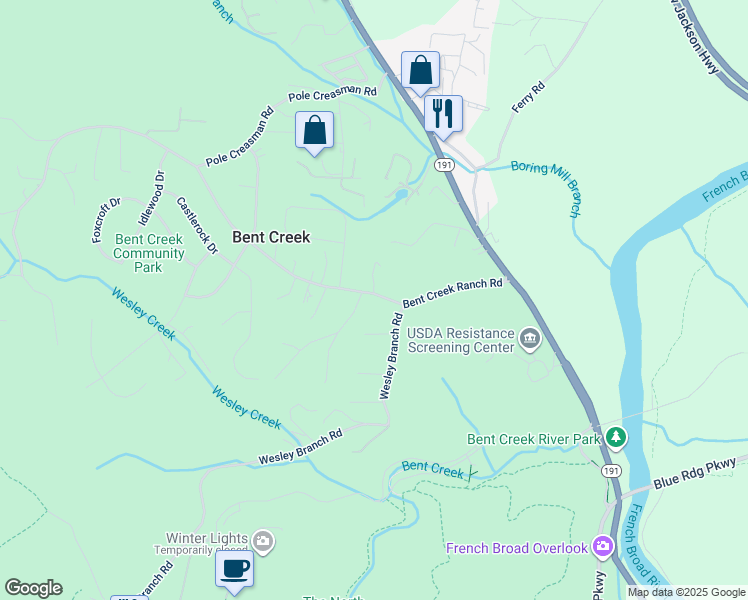 map of restaurants, bars, coffee shops, grocery stores, and more near 234 Bent Creek Ranch Road in Asheville