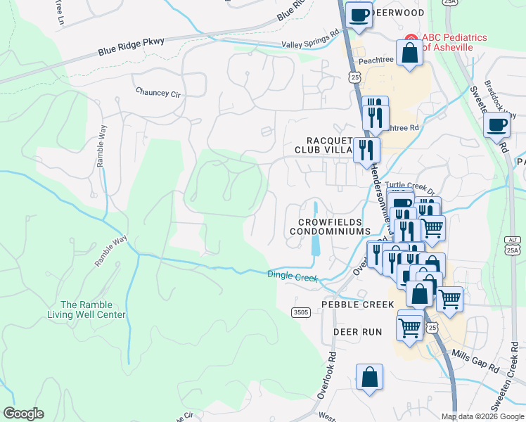 map of restaurants, bars, coffee shops, grocery stores, and more near 2 Cleftridge Court in Asheville