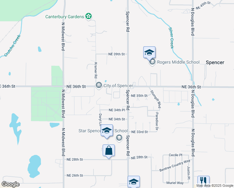 map of restaurants, bars, coffee shops, grocery stores, and more near 8400 Northeast 36th Street in Spencer