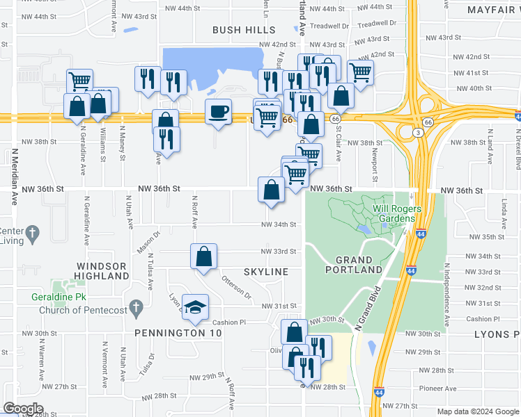 map of restaurants, bars, coffee shops, grocery stores, and more near 3511 North Nesbitt Avenue in Oklahoma City