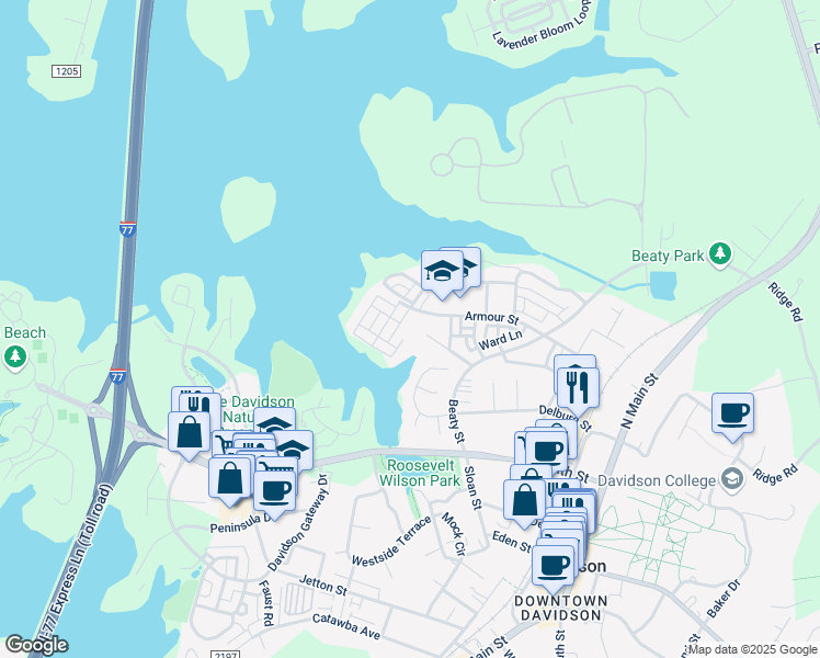 map of restaurants, bars, coffee shops, grocery stores, and more near 902 Lakeview Avenue in Davidson