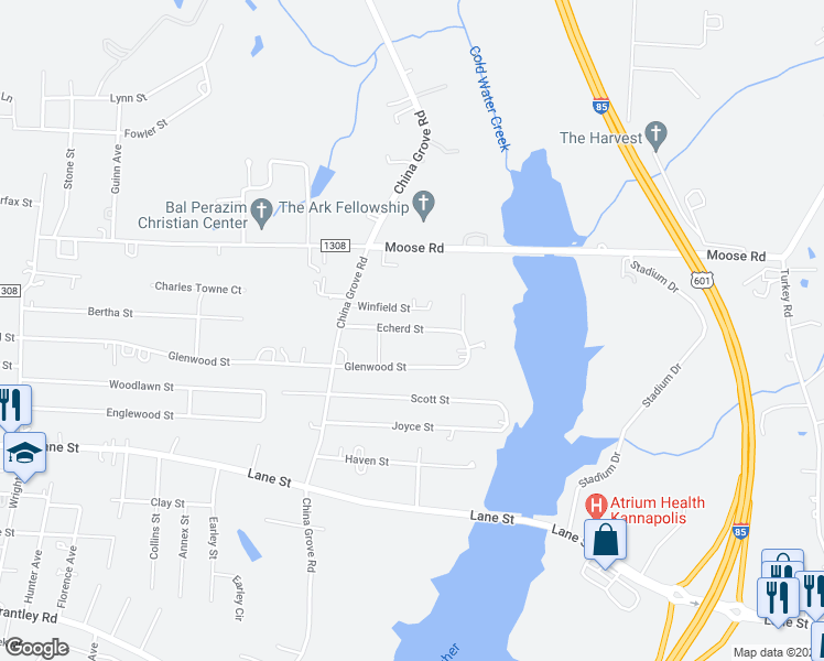map of restaurants, bars, coffee shops, grocery stores, and more near 2546 Echerd Street in Kannapolis