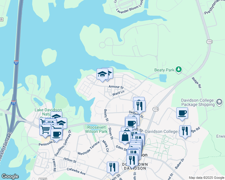 map of restaurants, bars, coffee shops, grocery stores, and more near 752 Naramore Street in Davidson
