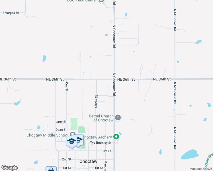 map of restaurants, bars, coffee shops, grocery stores, and more near 3525 Northridge Terrace in Choctaw