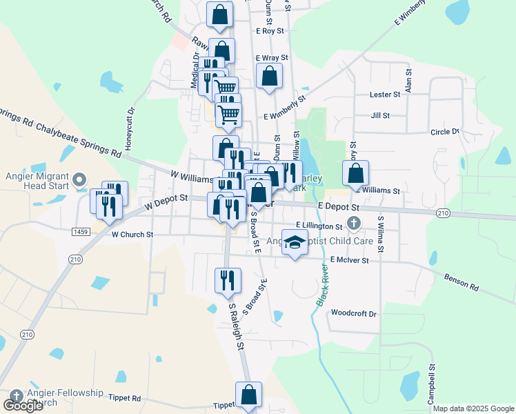 map of restaurants, bars, coffee shops, grocery stores, and more near in Angier