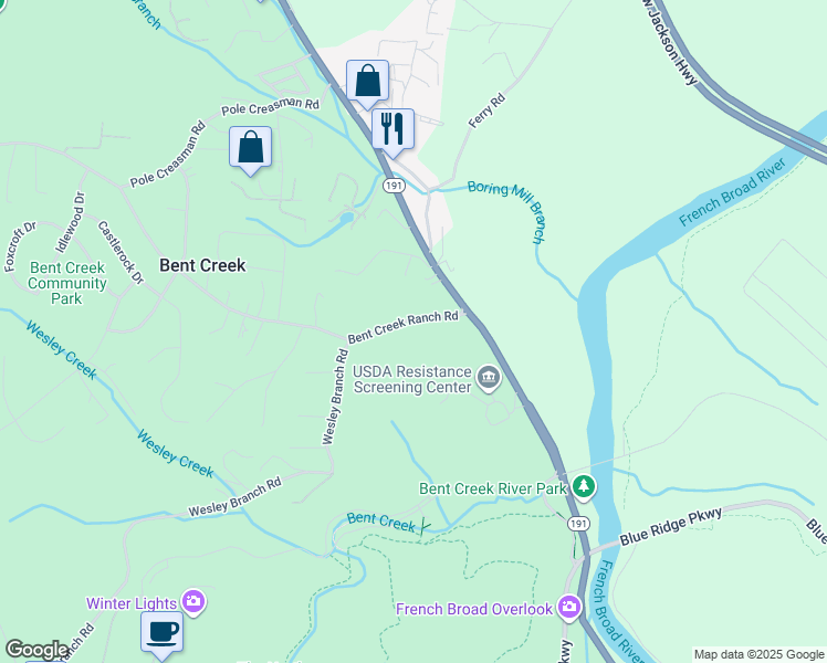 map of restaurants, bars, coffee shops, grocery stores, and more near 256 Bent Creek Ranch Road in Asheville