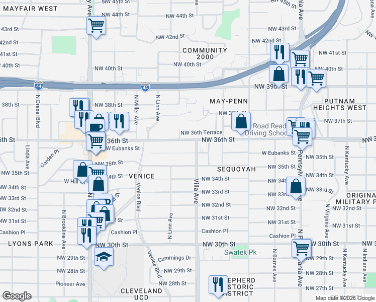map of restaurants, bars, coffee shops, grocery stores, and more near 2504 West Eubanks Street in Oklahoma City