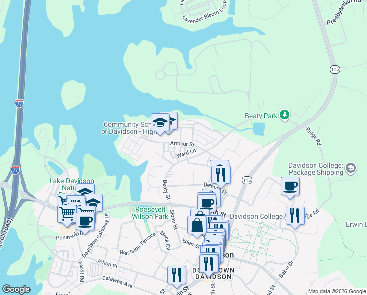 map of restaurants, bars, coffee shops, grocery stores, and more near 437 Magnolia Street in Davidson