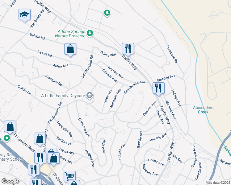 map of restaurants, bars, coffee shops, grocery stores, and more near 4536 Mananita Avenue in Atascadero