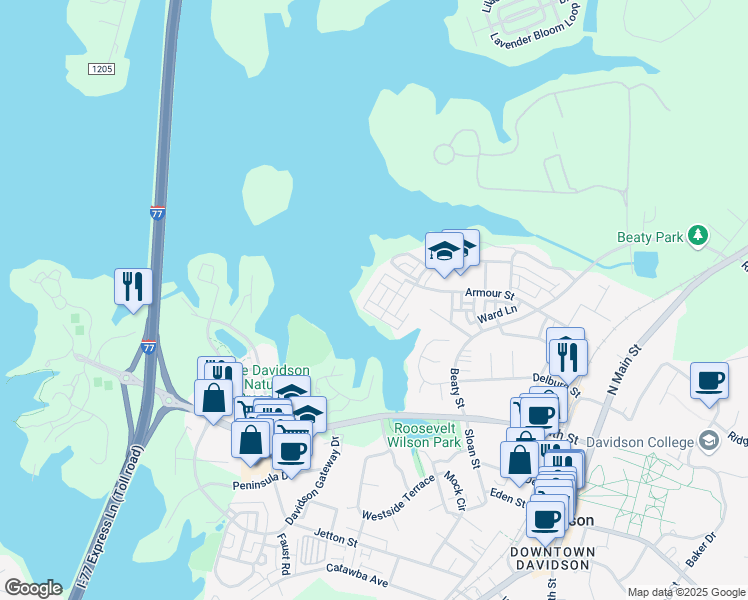 map of restaurants, bars, coffee shops, grocery stores, and more near 143 Park Forest Street in Davidson