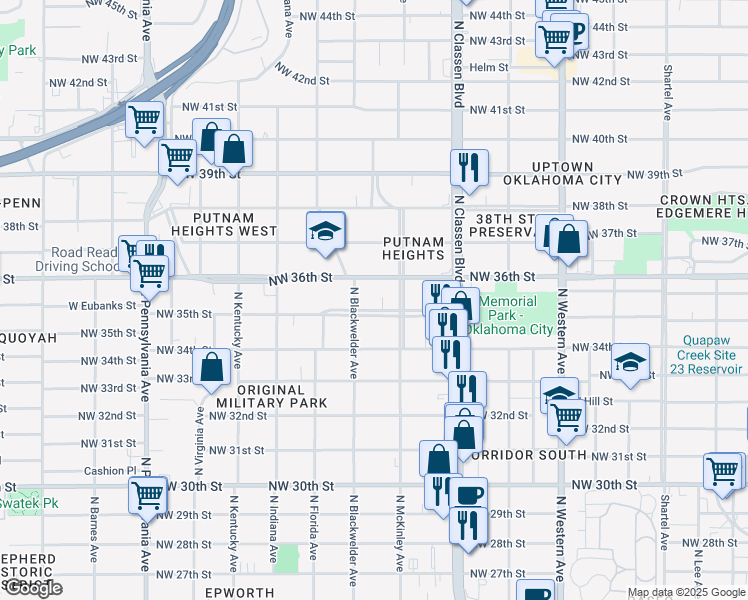 map of restaurants, bars, coffee shops, grocery stores, and more near 1512 Northwest 35th Street in Oklahoma City