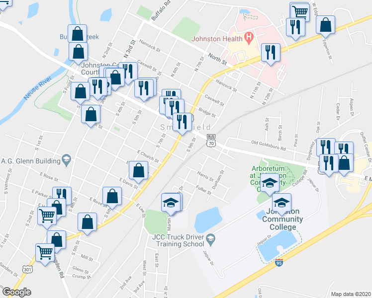 map of restaurants, bars, coffee shops, grocery stores, and more near 808 Massey Street in Smithfield