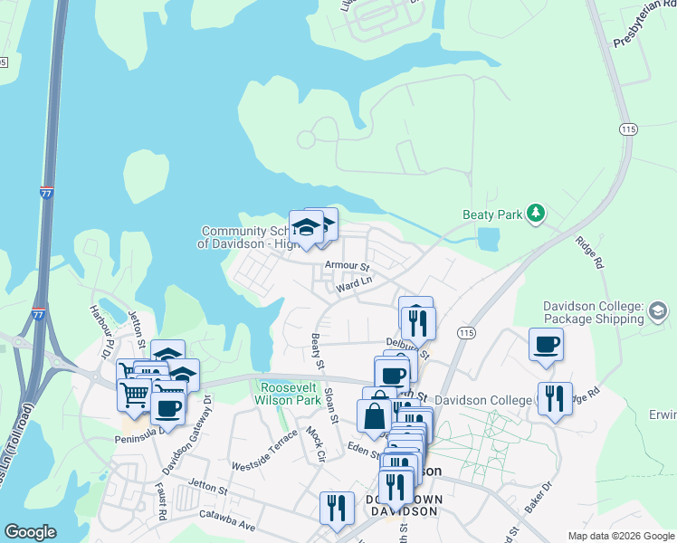 map of restaurants, bars, coffee shops, grocery stores, and more near 601 Ward Lane in Davidson