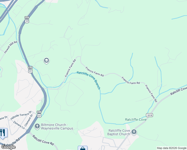 map of restaurants, bars, coffee shops, grocery stores, and more near 44 Annies Road in Waynesville