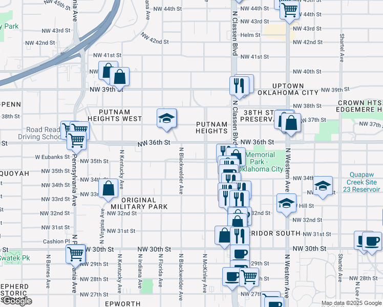 map of restaurants, bars, coffee shops, grocery stores, and more near 1512 Northwest 35th Street in Oklahoma City