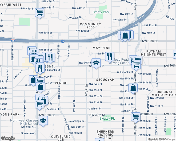 map of restaurants, bars, coffee shops, grocery stores, and more near 2504 West Eubanks Street in Oklahoma City