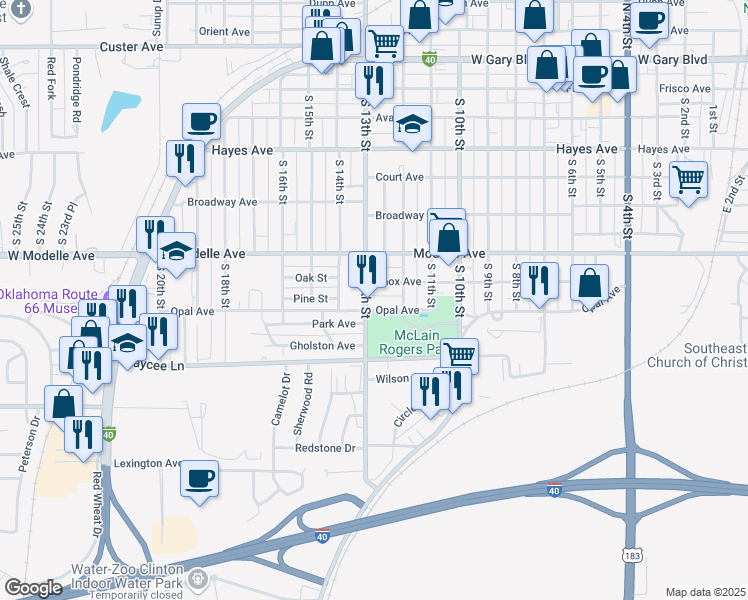 map of restaurants, bars, coffee shops, grocery stores, and more near 723 South 13th Street in Clinton