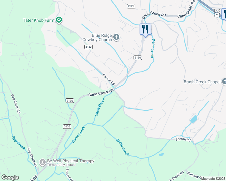 map of restaurants, bars, coffee shops, grocery stores, and more near 2097-2099 Cane Creek Road in Fletcher