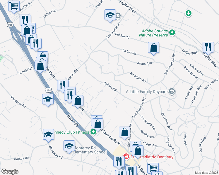 map of restaurants, bars, coffee shops, grocery stores, and more near 3500 Colima Road in Atascadero