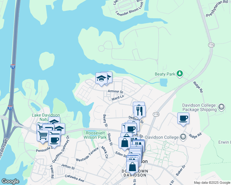 map of restaurants, bars, coffee shops, grocery stores, and more near 413 Armour Street in Davidson